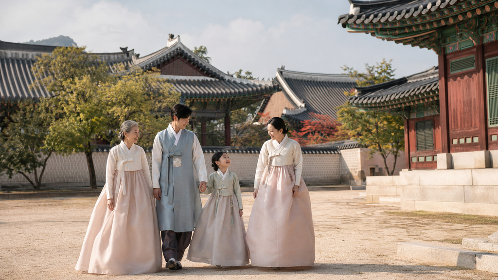 Family members wearing hanbok in a traditional Korean courtyard