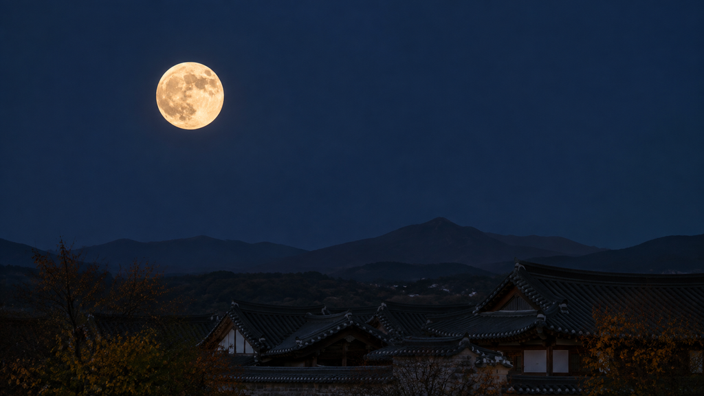 A full moon above a mountain ridge at night, illustrating the Chuseok harvest moon