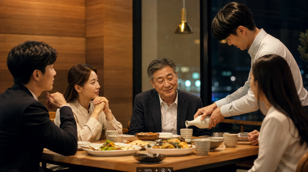 A younger adult pouring a drink for an older man at a Korean group dinner