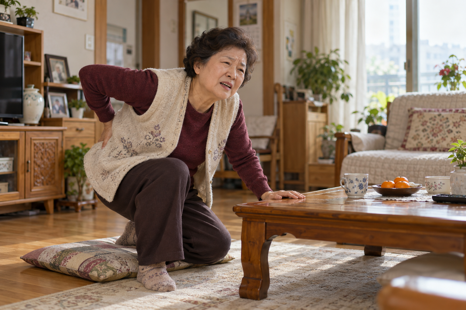 An older Korean woman holding her lower back and saying “aigoo” as she rises from the floor (AI-generated illustration)