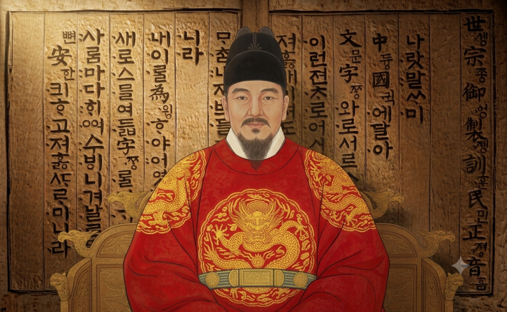 AI-generated illustration of Hangul letters and the spirit of King Sejong for Hangul Day